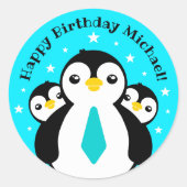 Niedlich Happy Birthday Boy Penguins Blue Neckties Runder Aufkleber (Vorderseite)