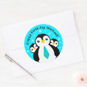Niedlich Happy Birthday Boy Penguins Blue Neckties Runder Aufkleber (Umschlag)