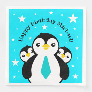 Niedlich Happy Birthday Boy Penguins Blue Neckties Serviette