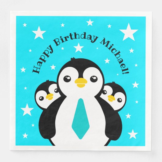 Niedlich Happy Birthday Boy Penguins Blue Neckties Serviette (Vorderseite)