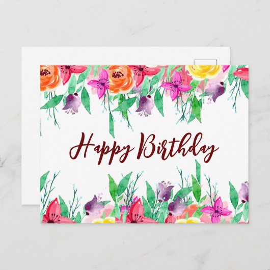 Niedlich Happy Birthday Card Blumendesign Burgund Postkarte (Vorne/Hinten)