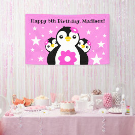 Niedlich Happy Birthday Girl Pinguins Pink Blume Banner