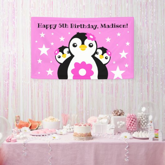 Niedlich Happy Birthday Girl Pinguins Pink Blume Banner (Party)