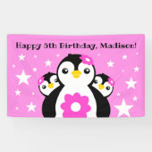 Niedlich Happy Birthday Girl Pinguins Pink Blume Banner (Horizontal)