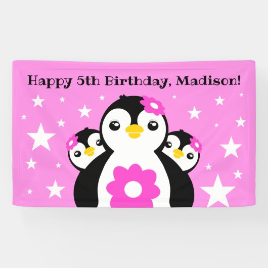 Niedlich Happy Birthday Girl Pinguins Pink Blume Banner (Horizontal)
