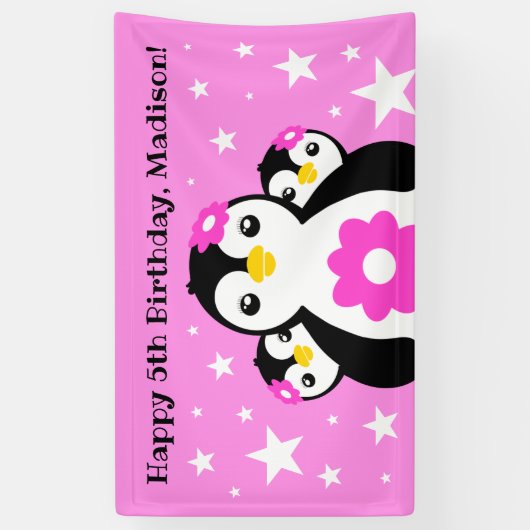 Niedlich Happy Birthday Girl Pinguins Pink Blume Banner (Vertikal)