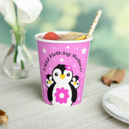 Niedlich Happy Birthday Girl Pinguins Pink Blume Pappbecher