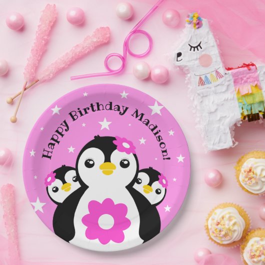 Niedlich Happy Birthday Girl Pinguins Pink Blume Pappteller (Party)