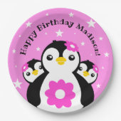 Niedlich Happy Birthday Girl Pinguins Pink Blume Pappteller (Vorderseite)