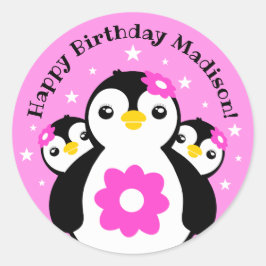 Niedlich Happy Birthday Girl Pinguins Pink Blume Runder Aufkleber