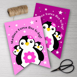 Niedlich Happy Birthday Girl Pinguins Pink Blume Wimpelkette