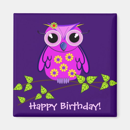 Niedlich Happy Birthday Magnet mit rosa Eule (Vorne)