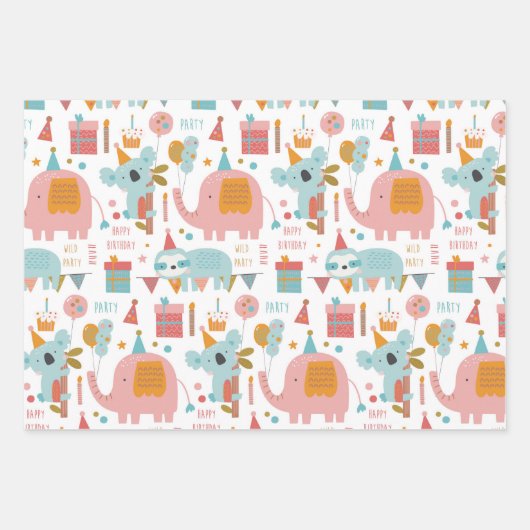 Niedlich Happy Birthday Tiere Koala Lion Sloth Geschenkpapier Set (Vorderseite)