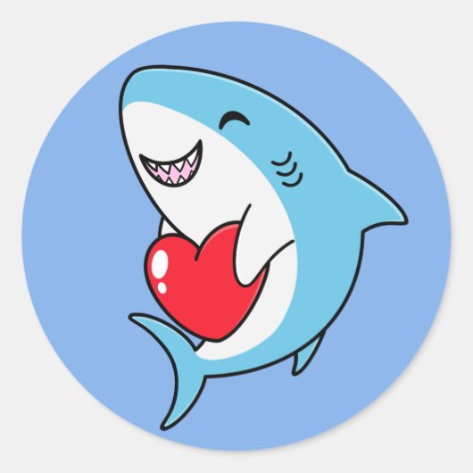Niedlich Happy Blue Shark Holding a Red Heart Runder Aufkleber (Vorderseite)