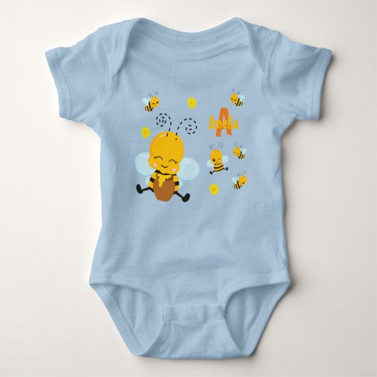 Niedlich Happy Bumble Bee mit Blume Blue Baby Strampler (Vorderseite)