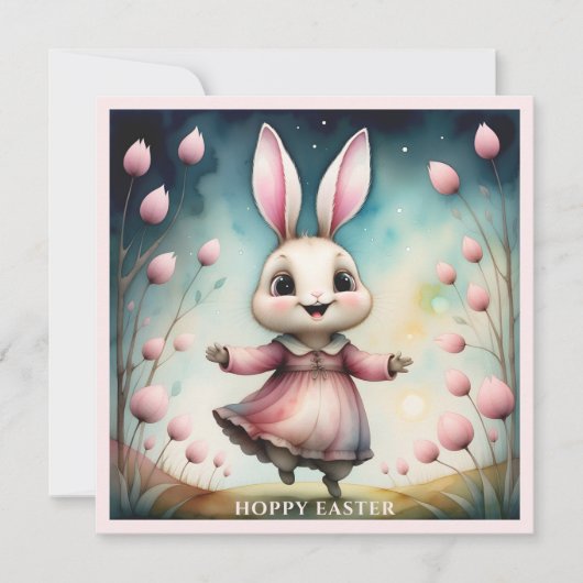 Niedlich Happy Bunny Girl Watercolor Osterkarte Karte (Vorderseite)