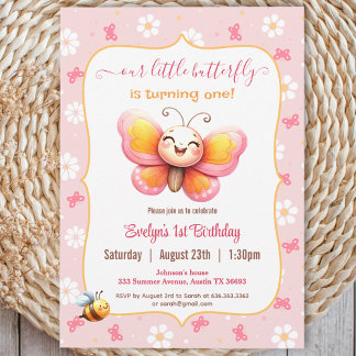 Niedlich Happy Butterfly Pink Floral Girl 1. Gebur Einladung