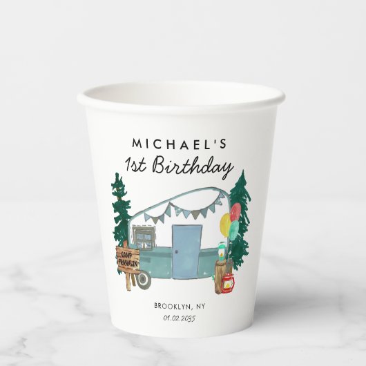 Niedlich Happy Camper Van Trees Camping 1. Geburts Pappbecher (Vorderseite)
