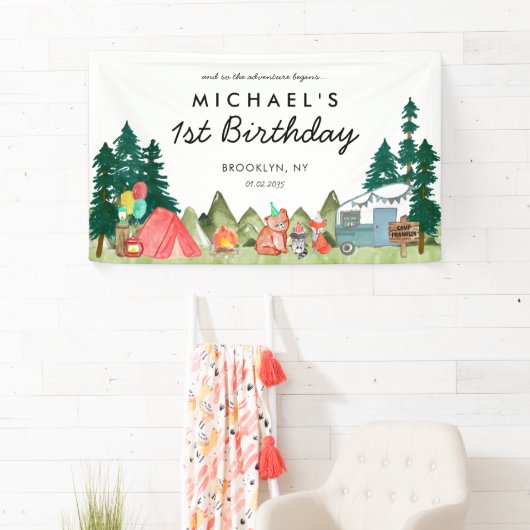 Niedlich Happy Camper Van Trees Camping Kindergebu Banner (Insitu)