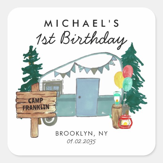 Niedlich Happy Camper Van Trees Camping Kindergebu Quadratischer Aufkleber (Vorderseite)