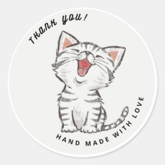 Niedlich Happy Cat Kitten Gray Vielen Dank Runder Aufkleber