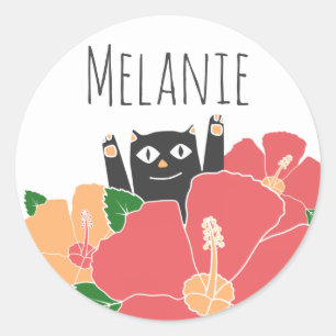 Niedlich Happy Cat Spring Blumen Personalisiert Runder Aufkleber