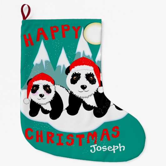 Niedlich Happy Christmas Panda Bears Personalisier Großer Weihnachtsstrumpf (Vorderseite)