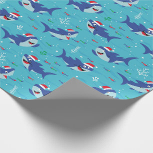 Niedlich Happy Christmas Sharks auf blau Geschenkpapier