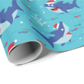 Niedlich Happy Christmas Sharks auf blau Geschenkpapier (Rolleneckpunkt)