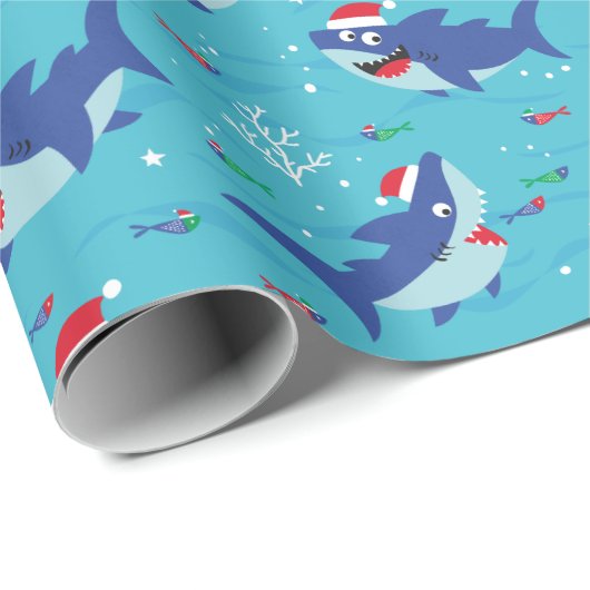Niedlich Happy Christmas Sharks auf blau Geschenkpapier (Rolleneckpunkt)