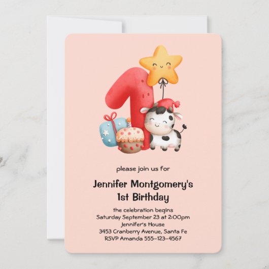 Niedlich Happy Cow 1. Geburtstag Einladung (Vorderseite)