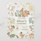 Niedlich Happy Dinosaurier 1. Geburtstag Einladung (Vorne/Hinten)