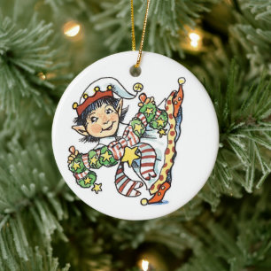 Niedlich Happy Elf Dancing, Retro Weihnachten Cart Keramik Ornament