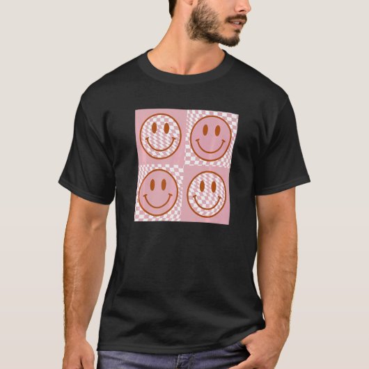 Niedlich Happy Face Checkered Pattern Pink Smile F T-Shirt (Vorderseite)