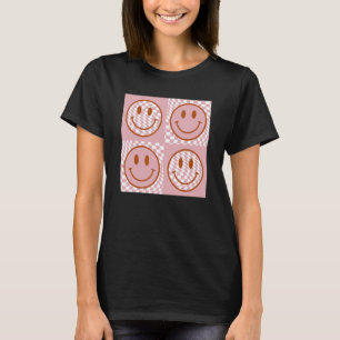 Niedlich Happy Face Checkered Pattern Pink Smile F T-Shirt