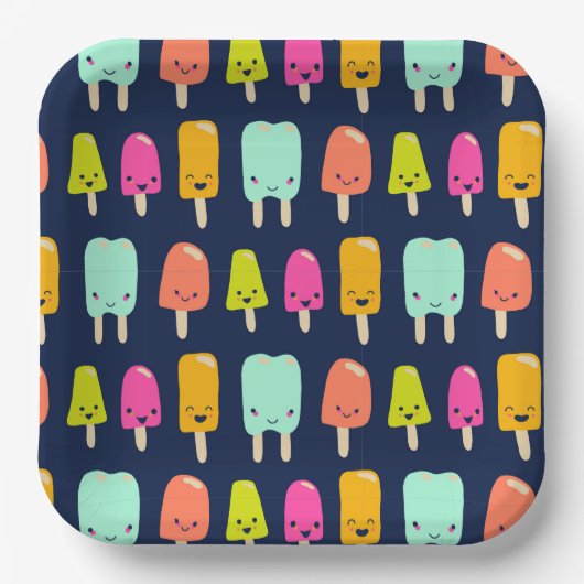 Niedlich Happy Fruit Popsicle Kawaii Faces Pappteller (Vorderseite)