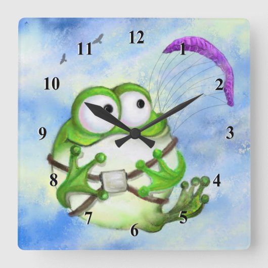 Niedlich Happy Funny Funny Frog Paraglider - Carto Quadratische Wanduhr (Vorderseite)