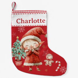 Niedlich Happy Girl Elf Red Gingham Kleiner Weihnachtsstrumpf