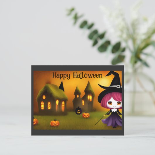 Niedlich Happy Halloween Anime Hexenkürbis Postkarte (Stehend Vorderseite)