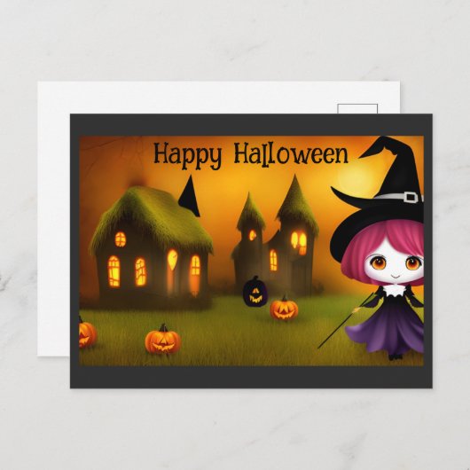 Niedlich Happy Halloween Anime Hexenkürbis Postkarte (Vorne/Hinten)