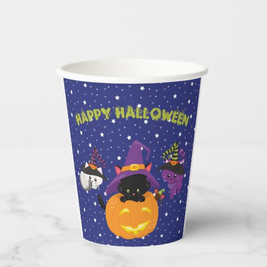 Niedlich Happy Halloween Black Cat Pumpkin Pappbecher (Vorderseite)