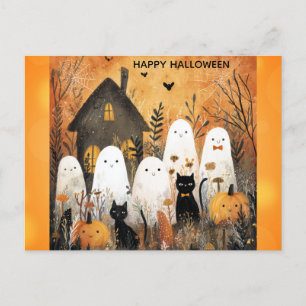 Niedlich Happy Halloween Ghost Black Cat Pumpkin Postkarte