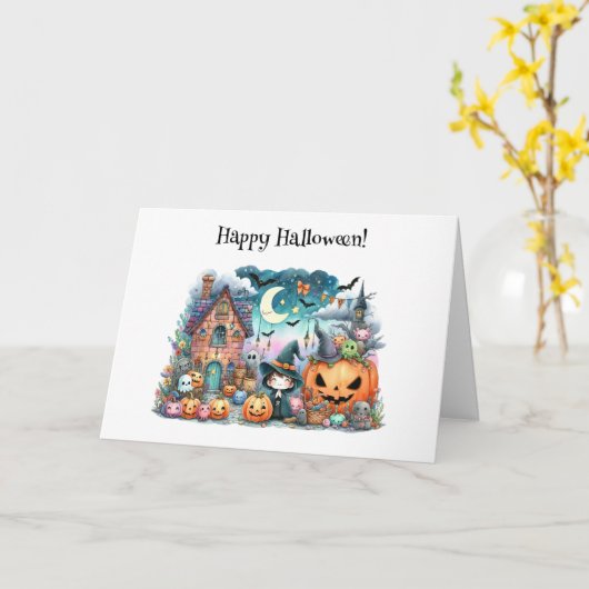 Niedlich Happy Halloween Kawaii Gruß Karte (Gelbe Blume)