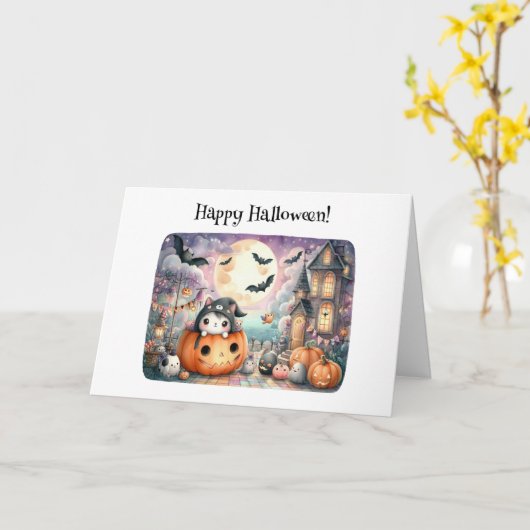 Niedlich Happy Halloween Kawaii Gruß Karte (Gelbe Blume)