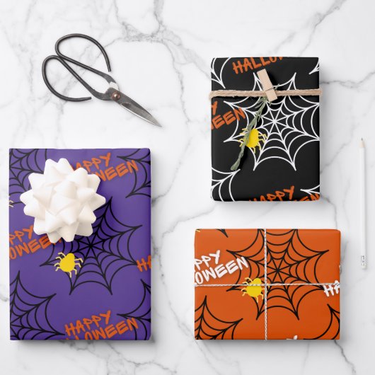 Niedlich Happy Halloween Spider Webmuster Geschenkpapier Set (Vorderseite)