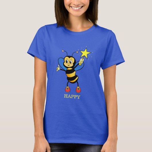 Niedlich Happy Honey Bee mit Star auf Sky Blue T-Shirt (Vorderseite)