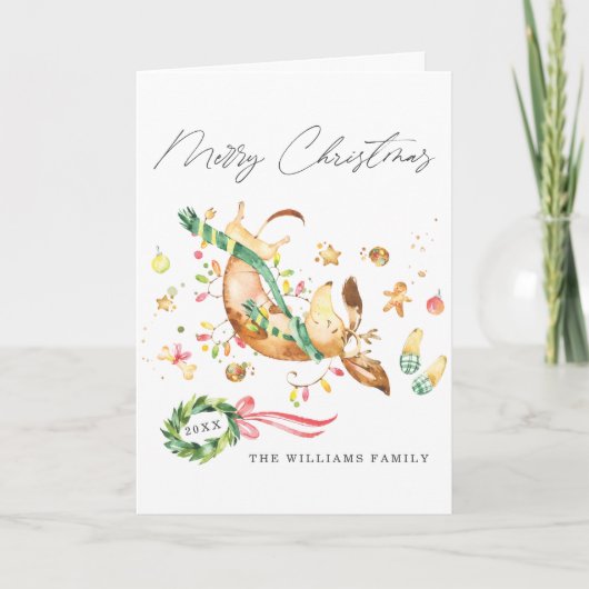 Niedlich Happy Hund Dackel Weihnachtslicht Feiertagskarte (Vorderseite)