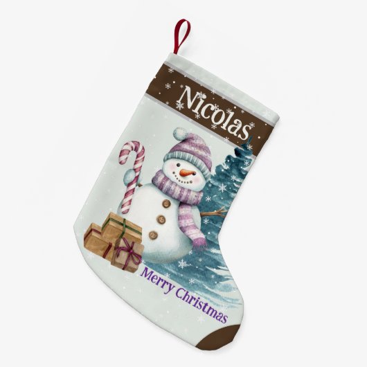 Niedlich Happy Lila Snowman mit Presents Kleiner Weihnachtsstrumpf (Vorderansicht (hängend))