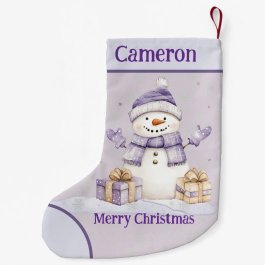 Niedlich Happy Lila Snowman präsentiert frohe Weih Kleiner Weihnachtsstrumpf (Rückseite)
