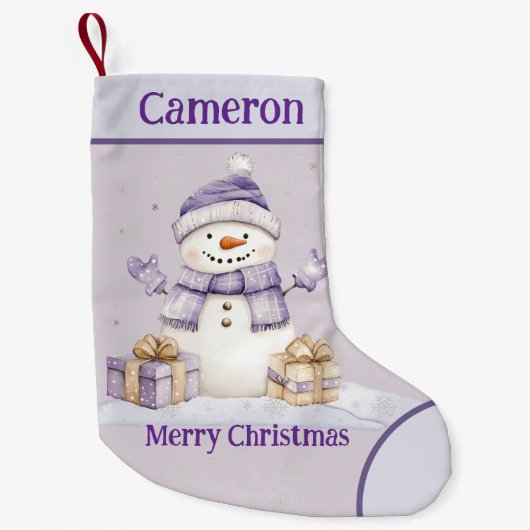 Niedlich Happy Lila Snowman präsentiert frohe Weih Kleiner Weihnachtsstrumpf (Vorderseite)